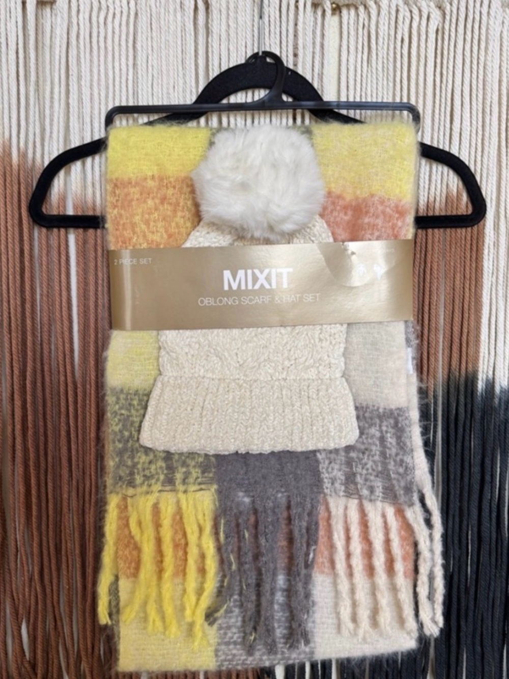 Mixit Cream Cable-Knit Beanie with Multicolor Oblong Scarf